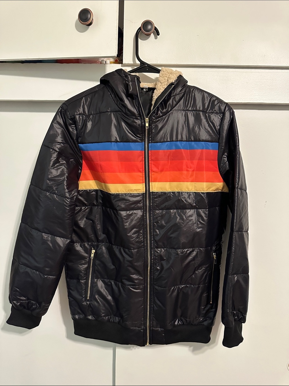 Women’s  Black Hooded Puffer Jacket with Multicolor Stripe